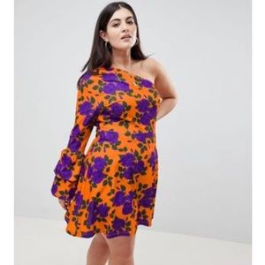 ASOS Curve Floral One Shoulder Bubble Cuff Dress
